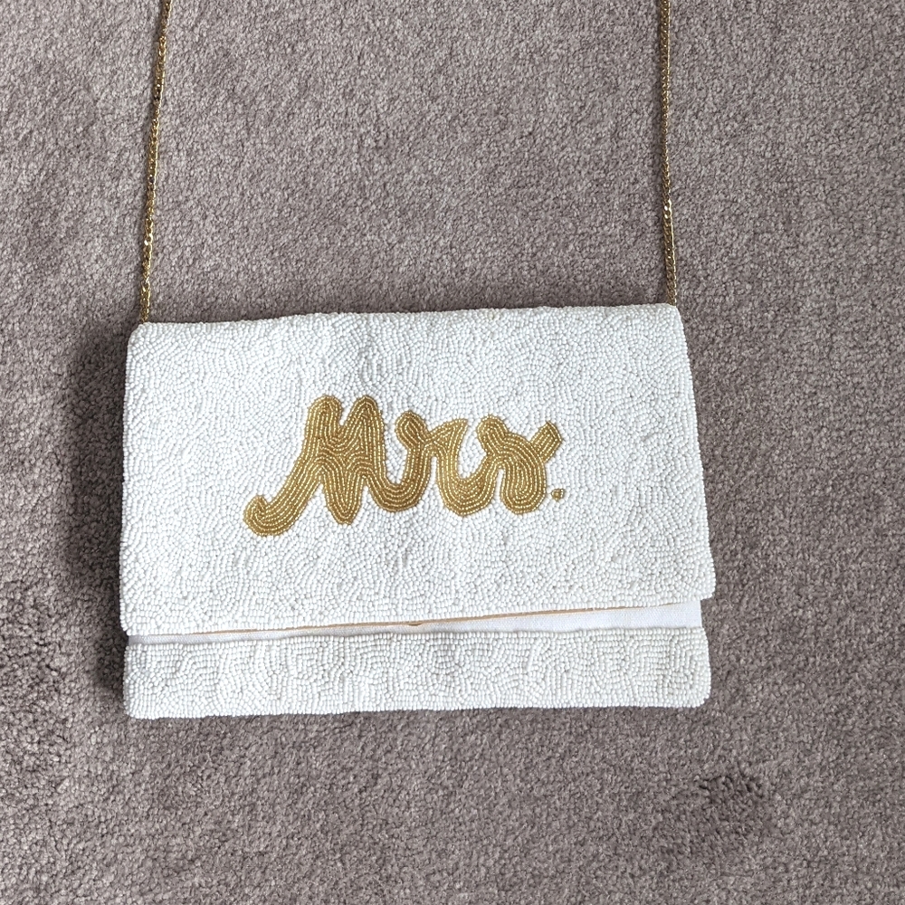 Mrs purse /clutch white and gold beaded